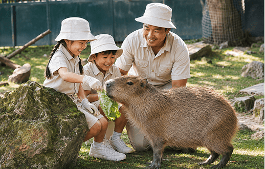 Family feeding a capybara